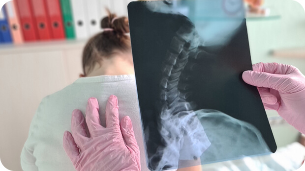 oseba je v ambulanti in vidimo samo zadnji del hrtba. zdravnik ima na sebi roza rokavice in ena roka je na hrtu pacienta druga pa drži rentgen, da vidi vzrok bolečine v hrtbu